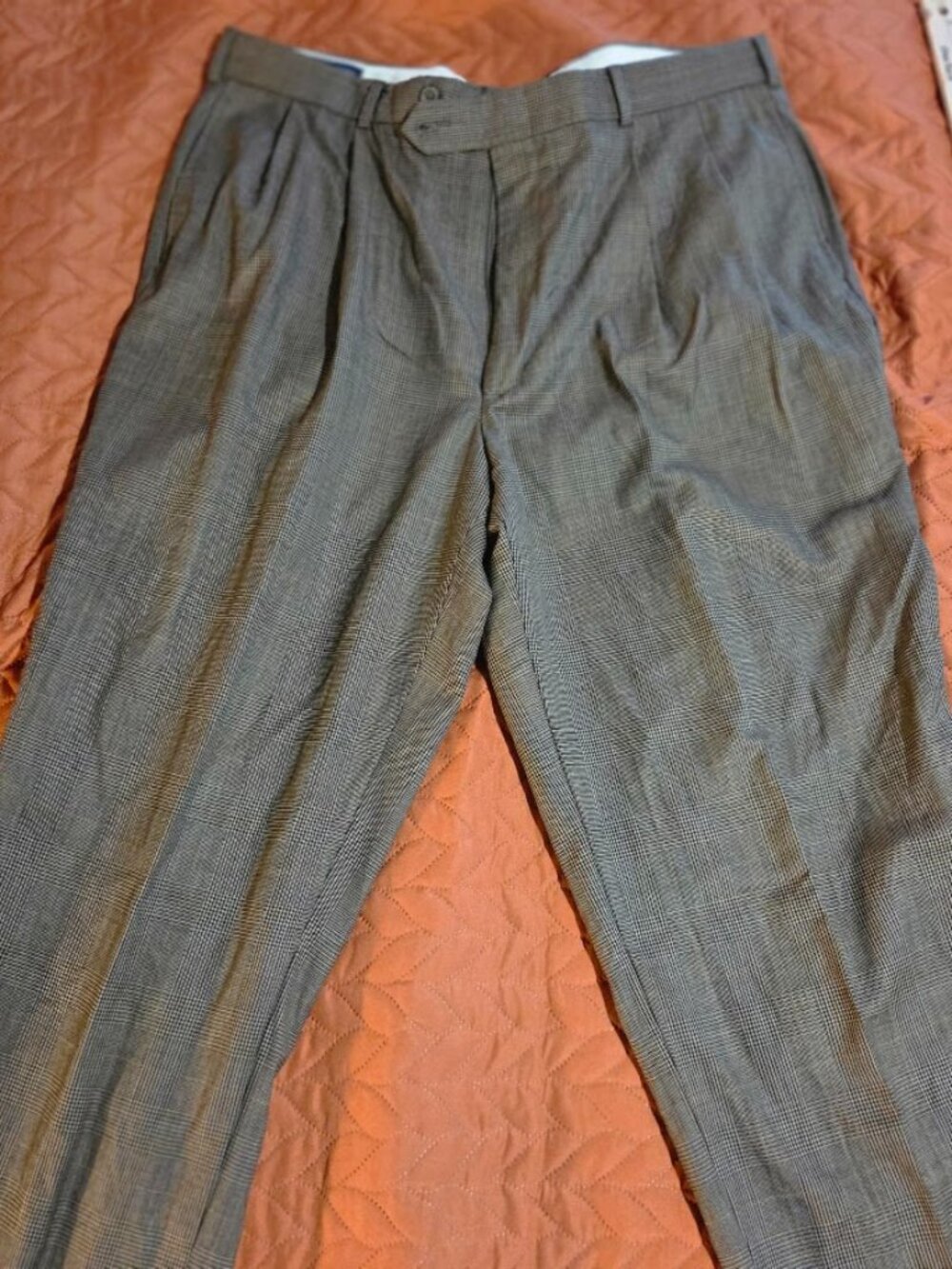 Lands' End Wool Cashmere Prince of Wales Plaid Dress Pants Mens 37 USA Unhemmed